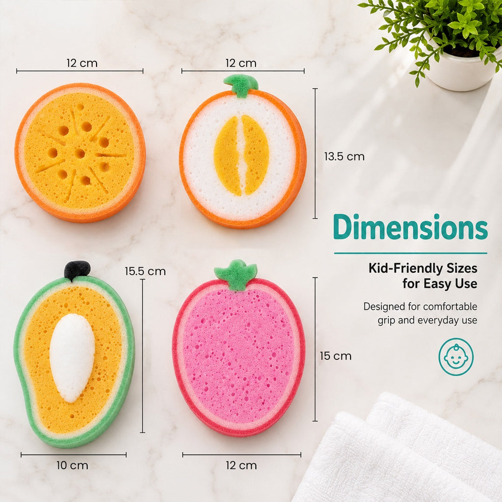 Bath Sponge Loofah – Cute Fruit Shape Soft Bath Scrubber for Babies, Toddlers & Kids, Gentle Body Cleaning Sponge for Shower & Bath Time, Reusable Kids Bathing Sponge (Pack of 4)
