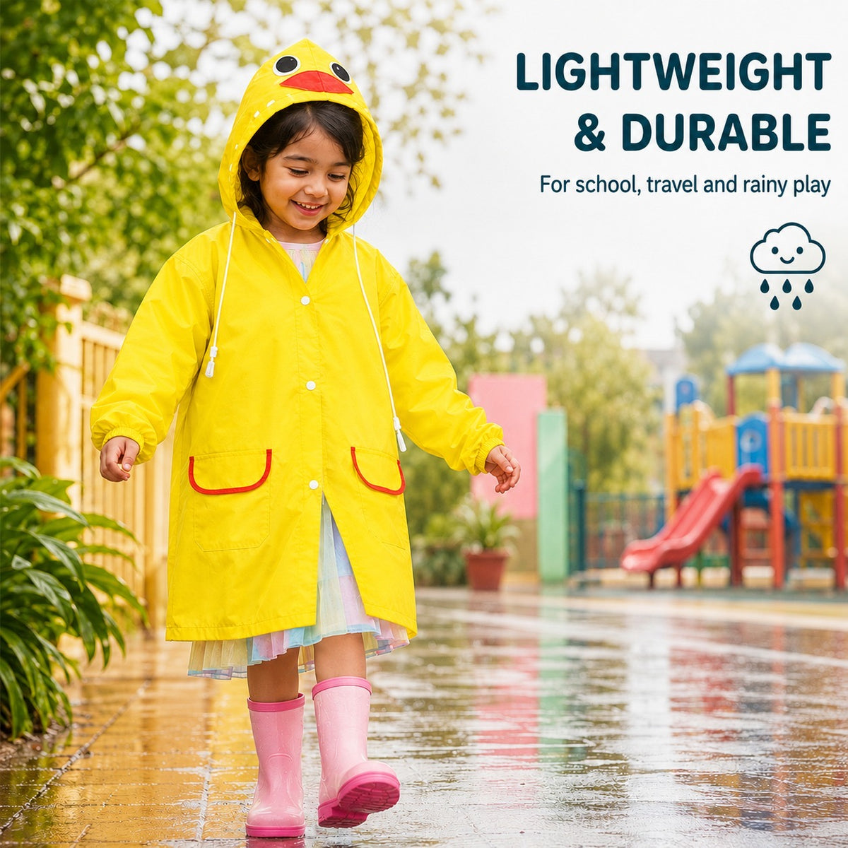 Poncho Raincoat for Kids Boys & Girls, Waterproof Polyester with Hood, Pockets & School Bag Cover, Lightweight Kids Rainwear for School, Outdoors Bright Colours, 3-7 Years