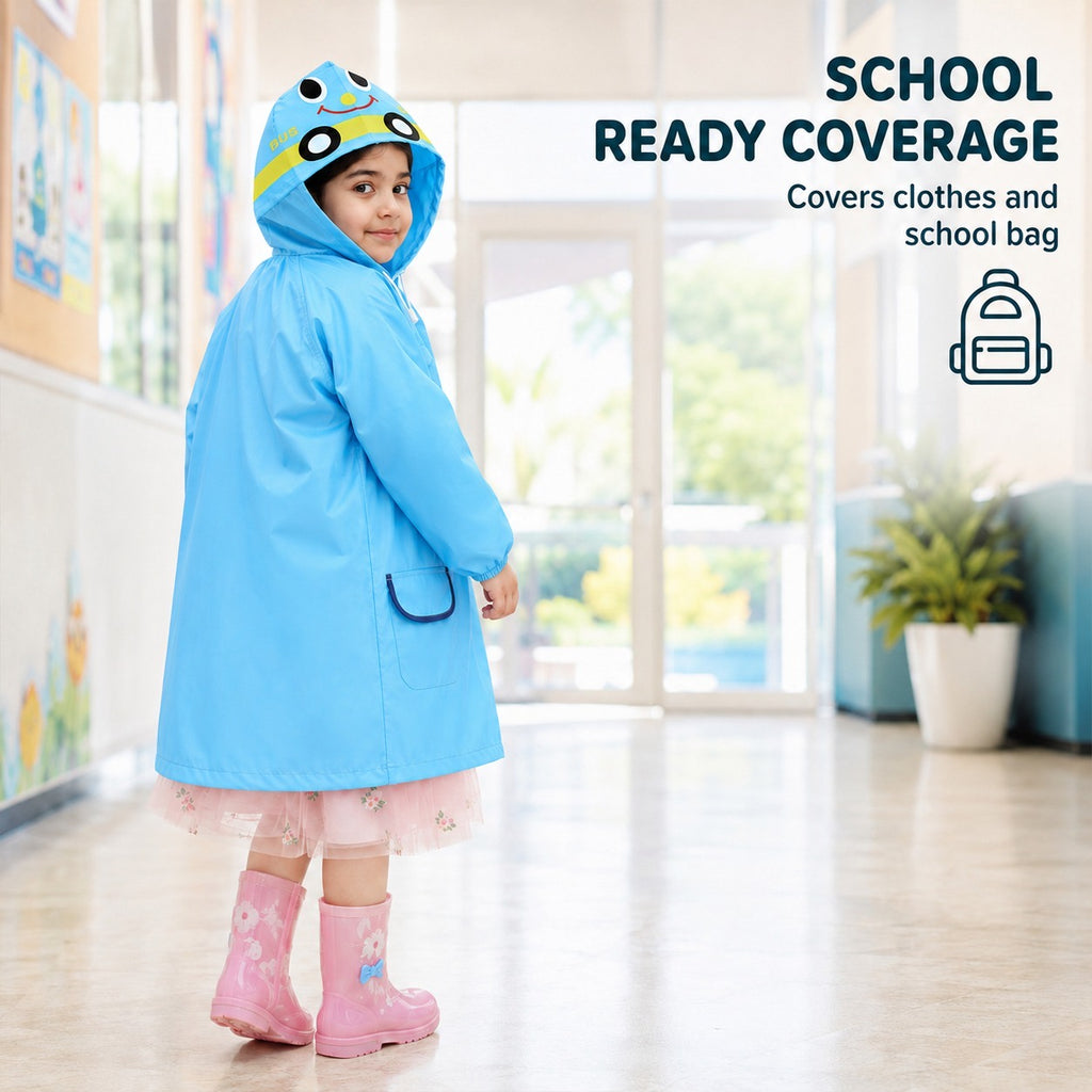 Poncho Raincoat for Kids Boys & Girls, Waterproof Polyester with Hood, Pockets & School Bag Cover, Lightweight Kids Rainwear for School, Outdoors Bright Colours, 3-7 Years
