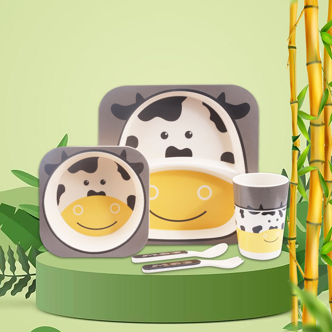 Kids Bamboo Feeding Dinner Utensils  Set - Divided Plate Cup Spoon and Fork