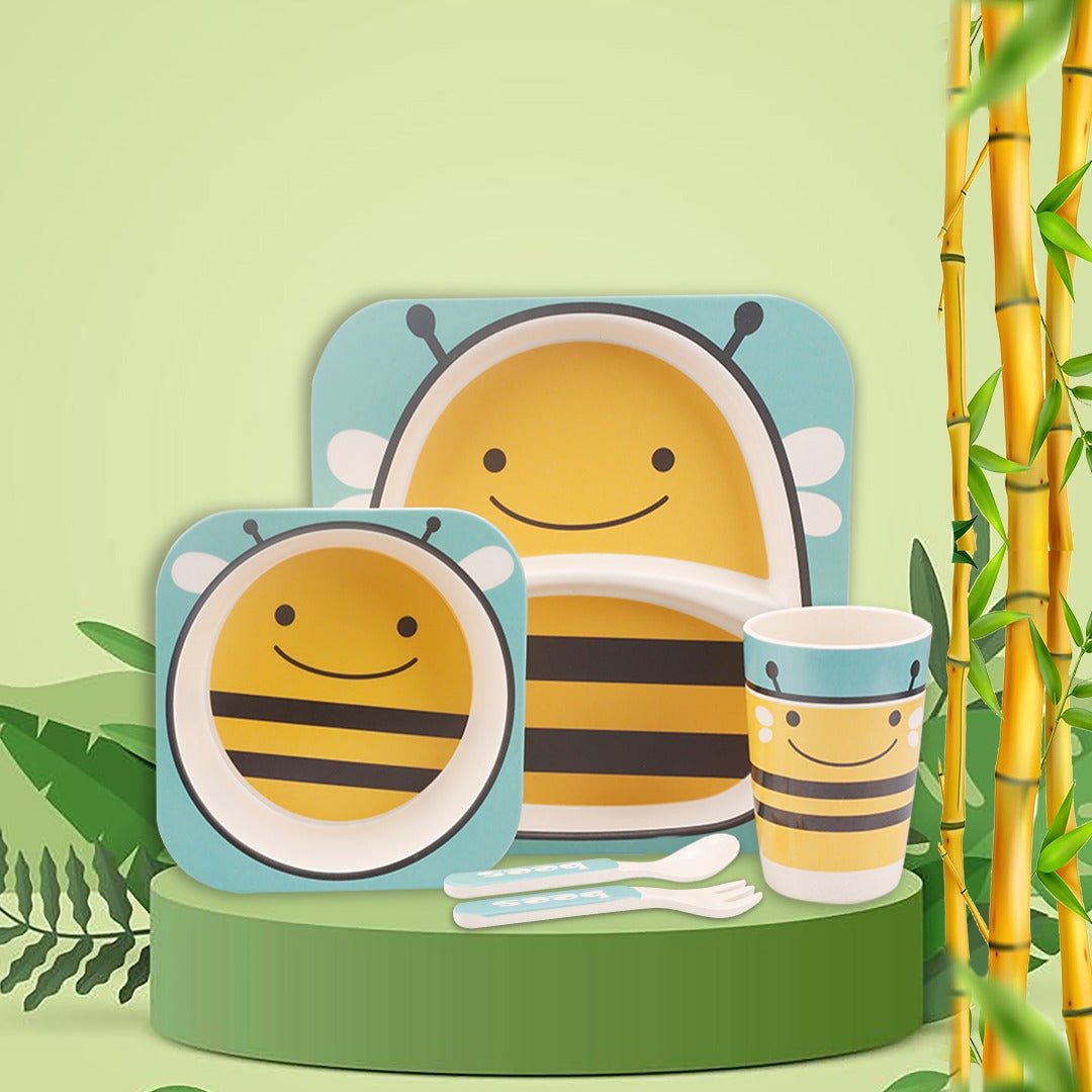 Kids Bamboo Feeding Dinner Utensils  Set - Divided Plate Cup Spoon and Fork