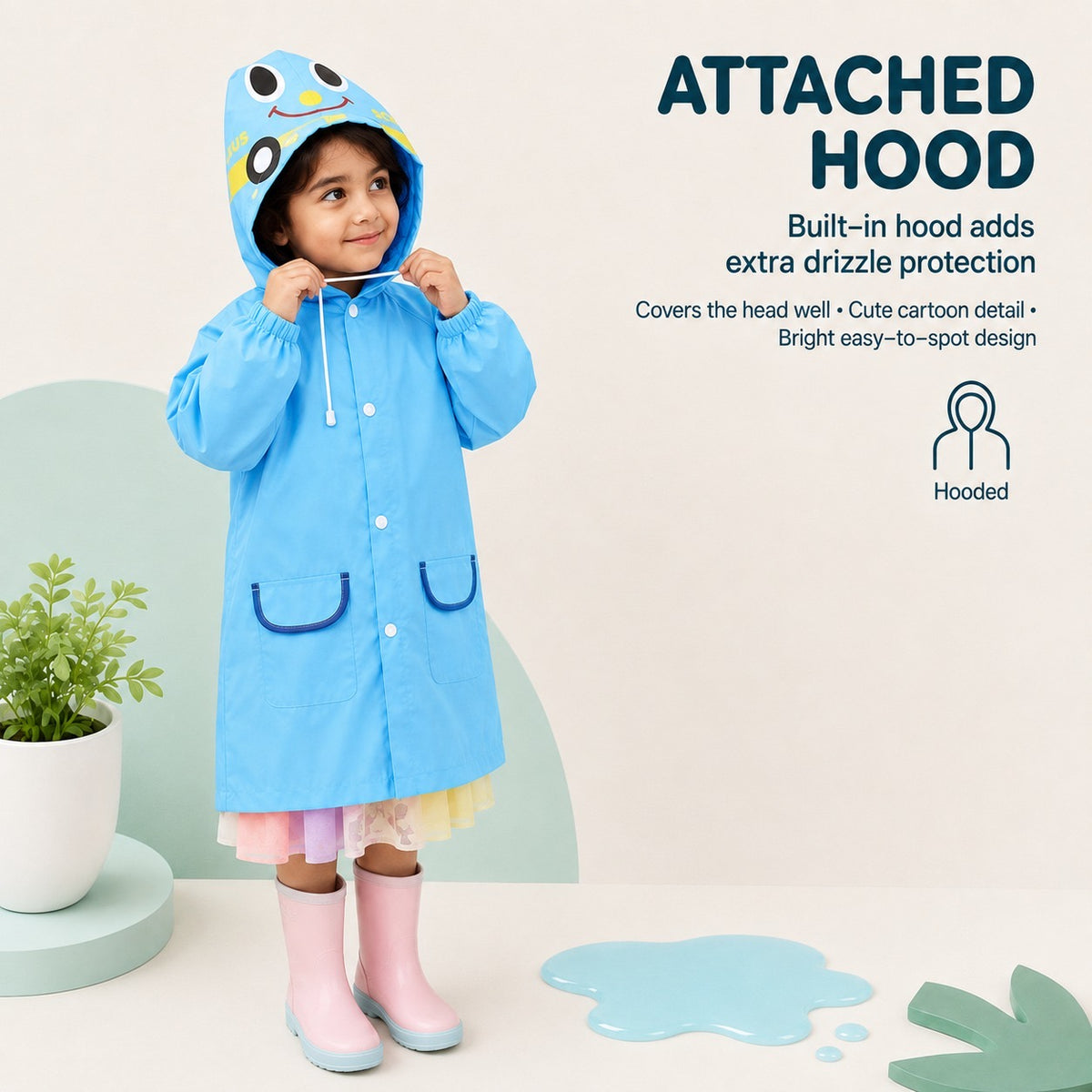 Poncho Raincoat for Kids Boys & Girls, Waterproof Polyester with Hood, Pockets & School Bag Cover, Lightweight Kids Rainwear for School, Outdoors Bright Colours, 3-7 Years