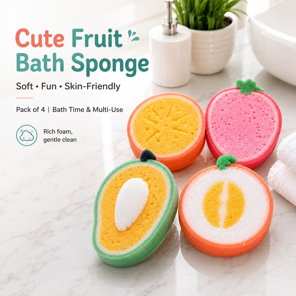 Bath Sponge Loofah – Cute Fruit Shape Soft Bath Scrubber for Babies, Toddlers & Kids, Gentle Body Cleaning Sponge for Shower & Bath Time, Reusable Kids Bathing Sponge (Pack of 4)