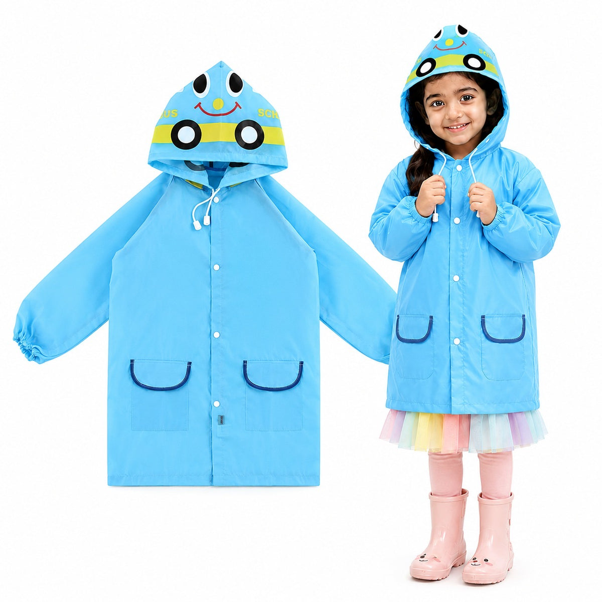 Poncho Raincoat for Kids Boys & Girls, Waterproof Polyester with Hood, Pockets & School Bag Cover, Lightweight Kids Rainwear for School, Outdoors Bright Colours, 3-7 Years