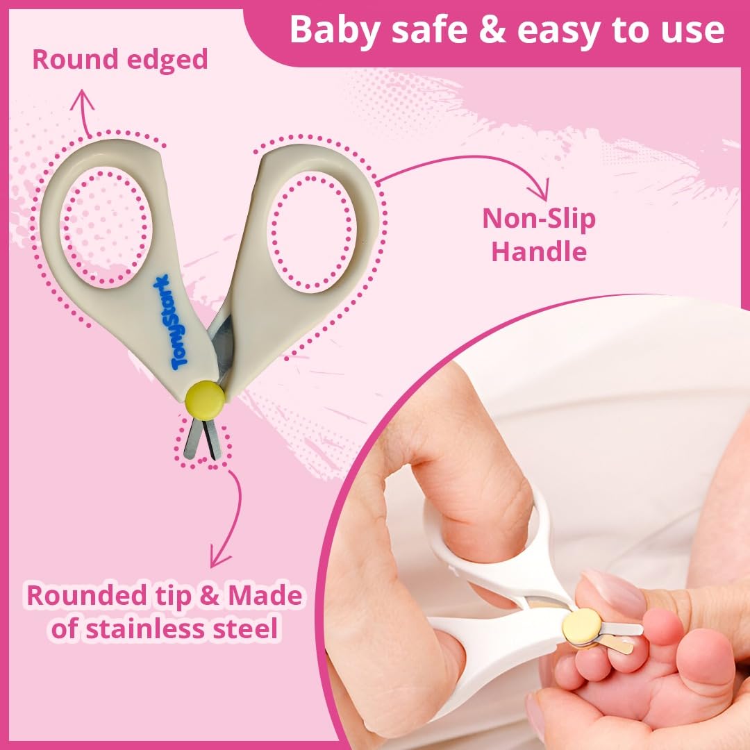 Tony Stark 7-in-1 Baby Grooming Kit – Portable Newborn Care Set with Finger Brush, Hair Brush, Comb, Nail Scissors, Nail Clipper, Tweezers & Nail File – for Newborns, Infants & Toddlers (White, 0M+)