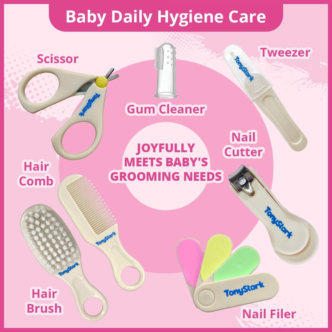 Tony Stark 7-in-1 Baby Grooming Kit – Portable Newborn Care Set with Finger Brush, Hair Brush, Comb, Nail Scissors, Nail Clipper, Tweezers & Nail File – for Newborns, Infants & Toddlers (White, 0M+)