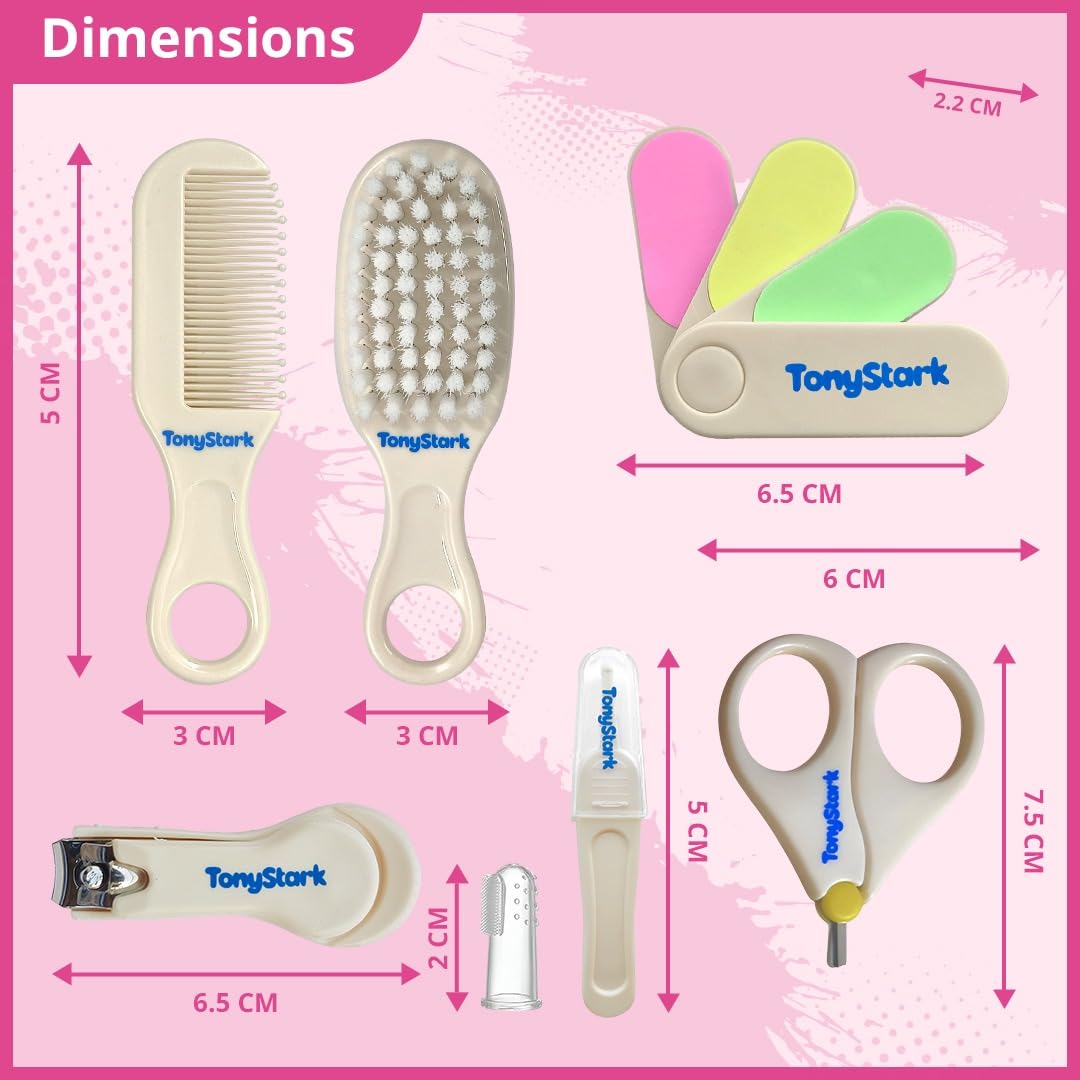 Tony Stark 7-in-1 Baby Grooming Kit – Portable Newborn Care Set with Finger Brush, Hair Brush, Comb, Nail Scissors, Nail Clipper, Tweezers & Nail File – for Newborns, Infants & Toddlers (White, 0M+)