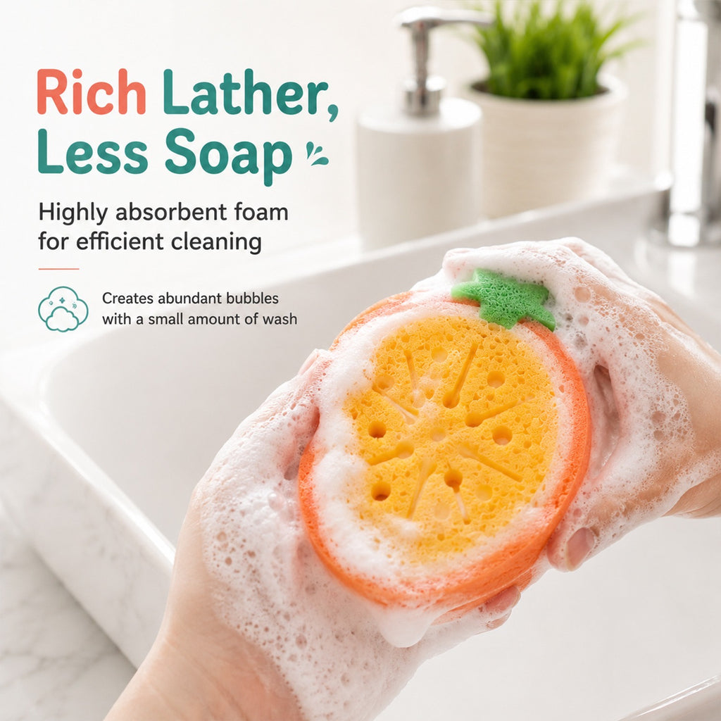 Bath Sponge Loofah – Cute Fruit Shape Soft Bath Scrubber for Babies, Toddlers & Kids, Gentle Body Cleaning Sponge for Shower & Bath Time, Reusable Kids Bathing Sponge (Pack of 4)