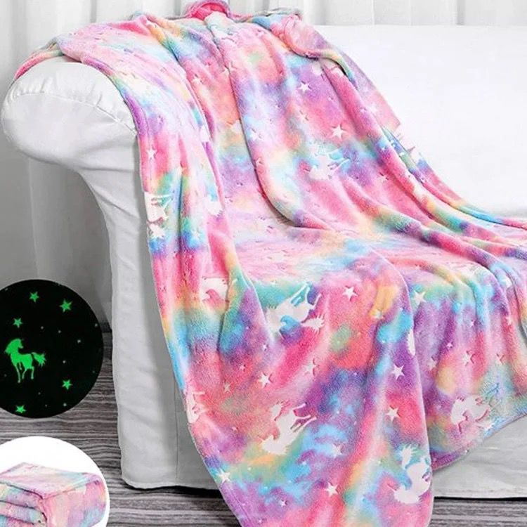 Kids Glow in the dark Fleece Blanket - Purple Flying Unicorn