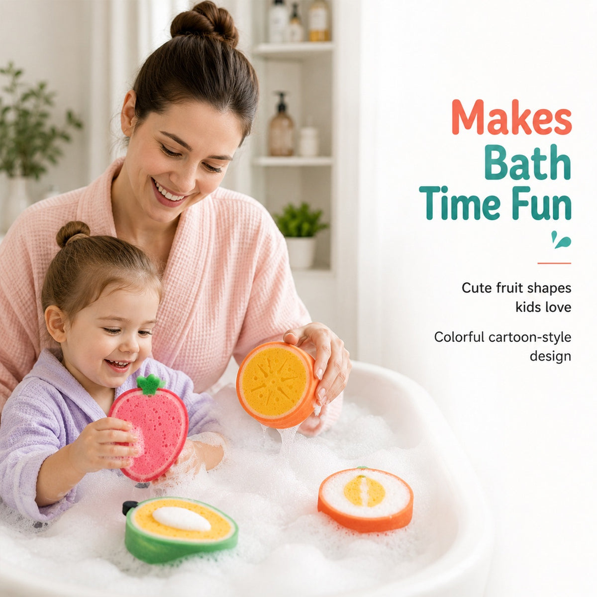 Bath Sponge Loofah – Cute Fruit Shape Soft Bath Scrubber for Babies, Toddlers & Kids, Gentle Body Cleaning Sponge for Shower & Bath Time, Reusable Kids Bathing Sponge (Pack of 4)