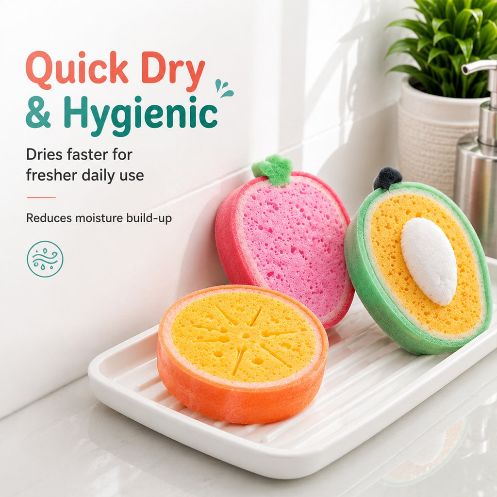 Bath Sponge Loofah – Cute Fruit Shape Soft Bath Scrubber for Babies, Toddlers & Kids, Gentle Body Cleaning Sponge for Shower & Bath Time, Reusable Kids Bathing Sponge (Pack of 4)