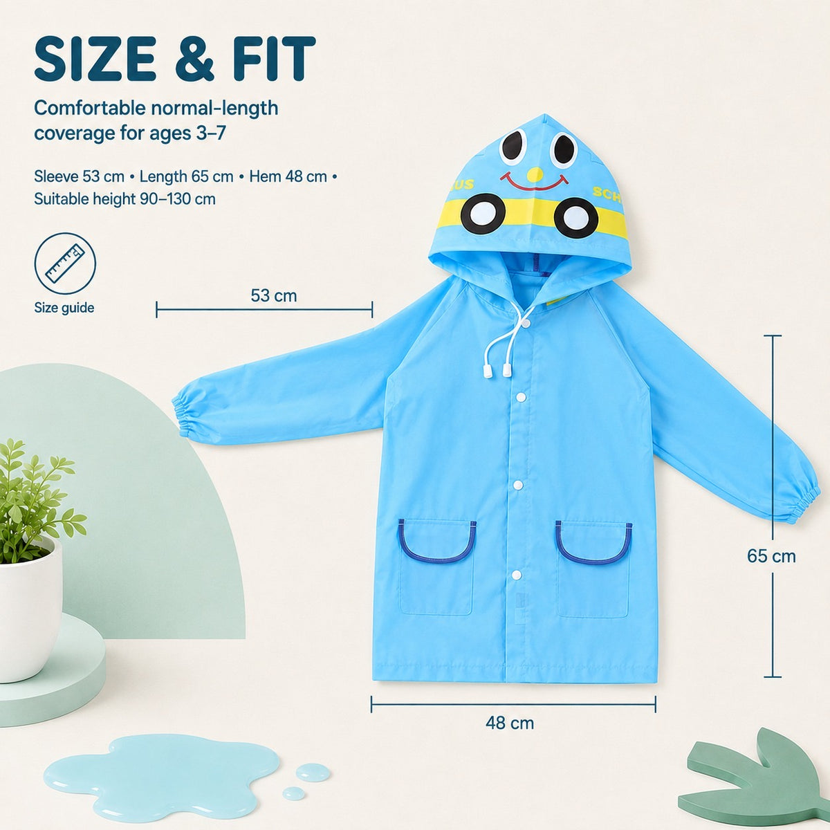 Poncho Raincoat for Kids Boys & Girls, Waterproof Polyester with Hood, Pockets & School Bag Cover, Lightweight Kids Rainwear for School, Outdoors Bright Colours, 3-7 Years