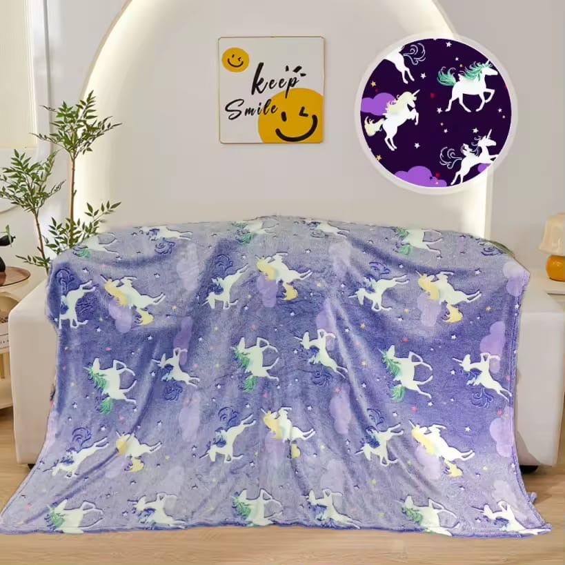 Kids Glow in the dark Fleece Blanket - Purple Flying Unicorn
