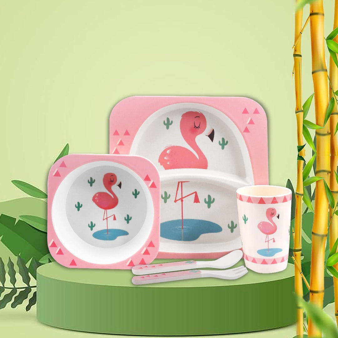 Kids Bamboo Feeding Dinner Utensils  Set - Divided Plate Cup Spoon and Fork