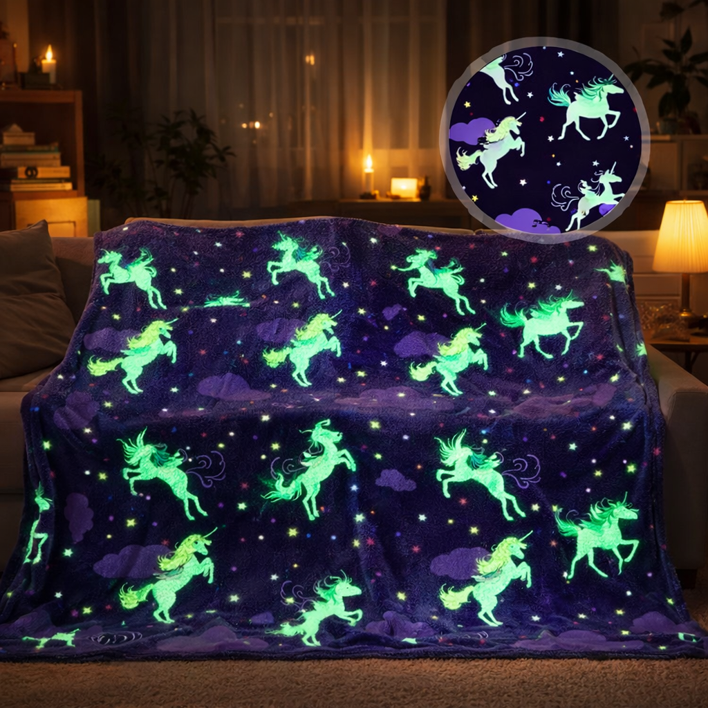 Kids Glow in the dark Fleece Blanket - Purple Flying Unicorn