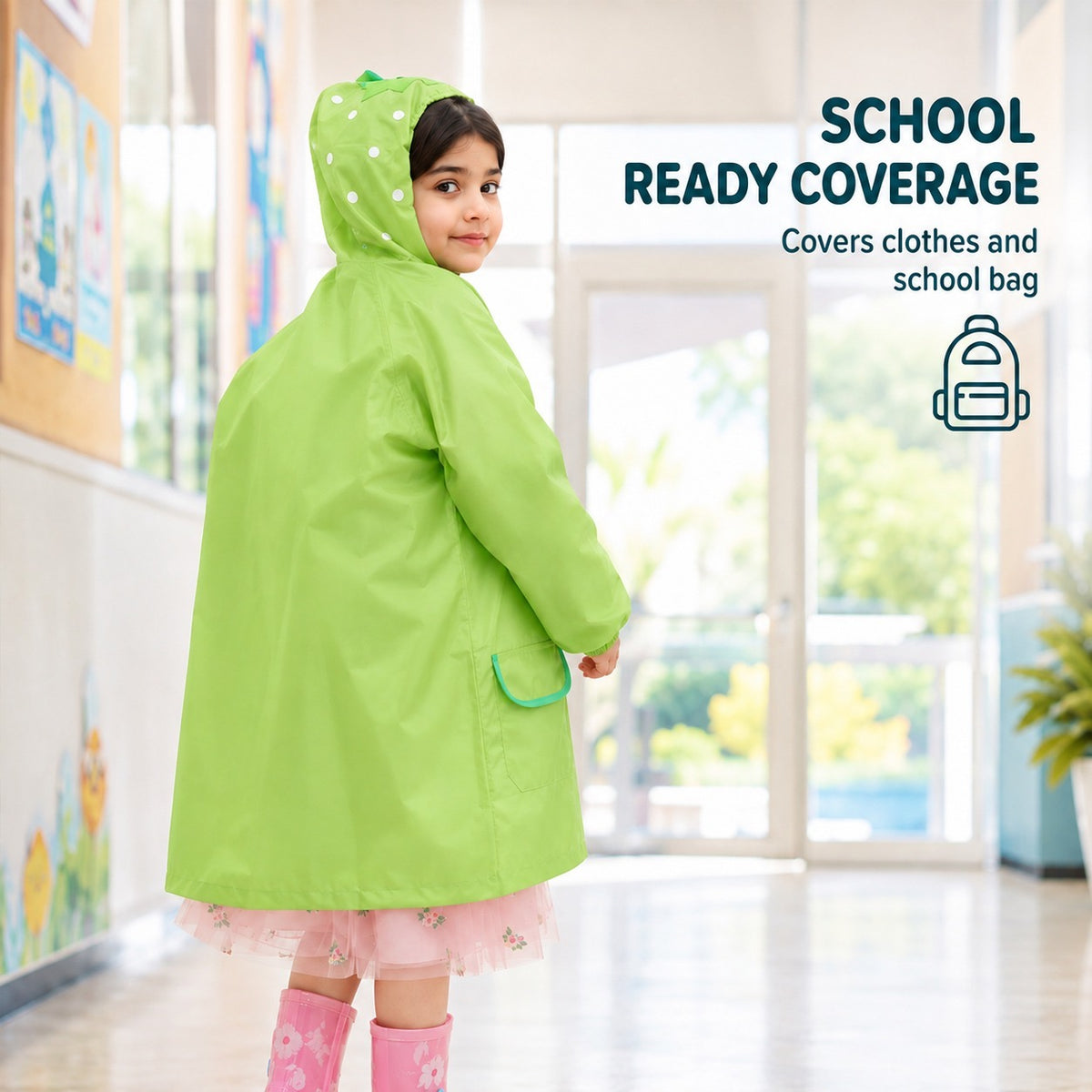 Poncho Raincoat for Kids Boys & Girls, Waterproof Polyester with Hood, Pockets & School Bag Cover, Lightweight Kids Rainwear for School, Outdoors Bright Colours, 3-7 Years