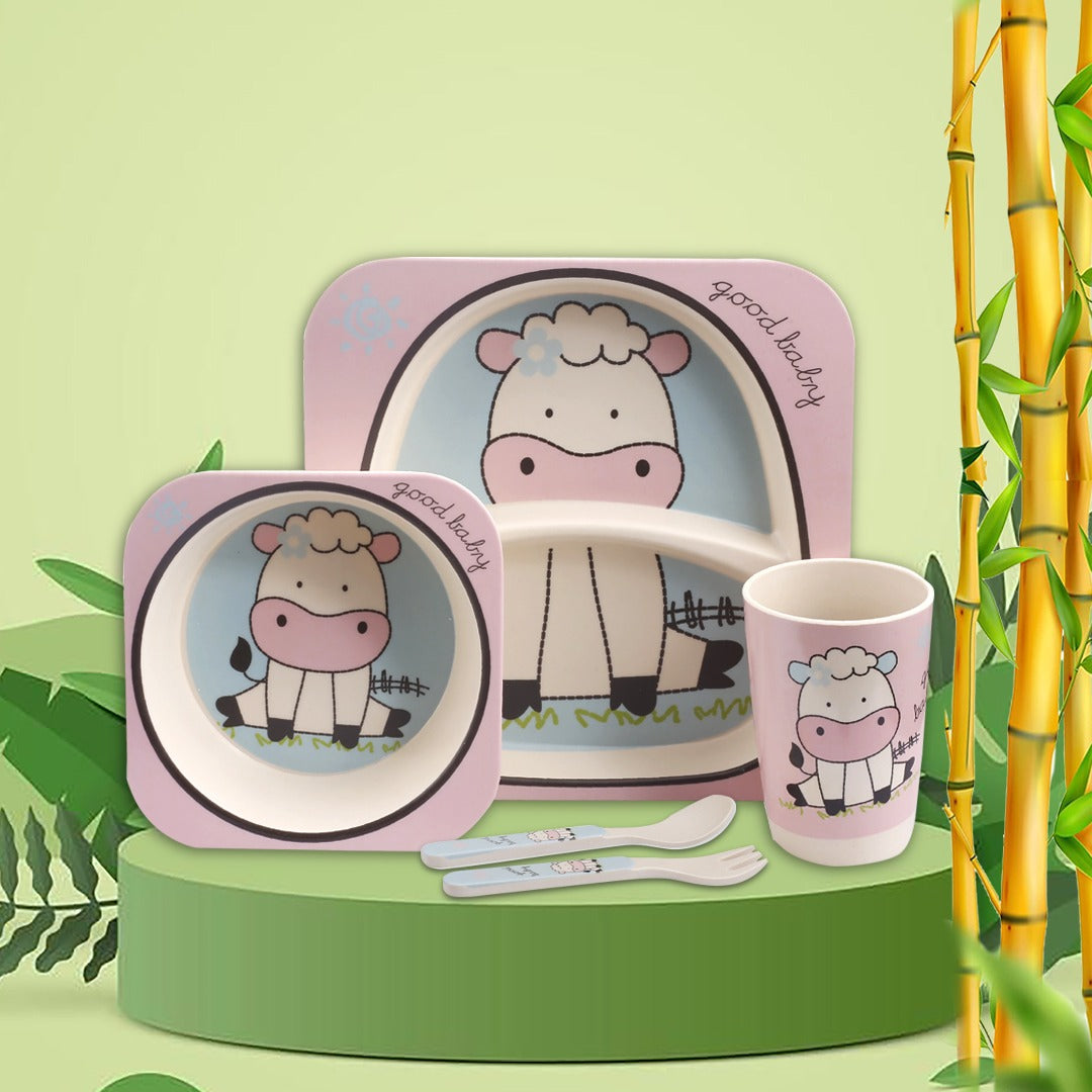 Kids Bamboo Feeding Dinner Utensils  Set - Divided Plate Cup Spoon and Fork