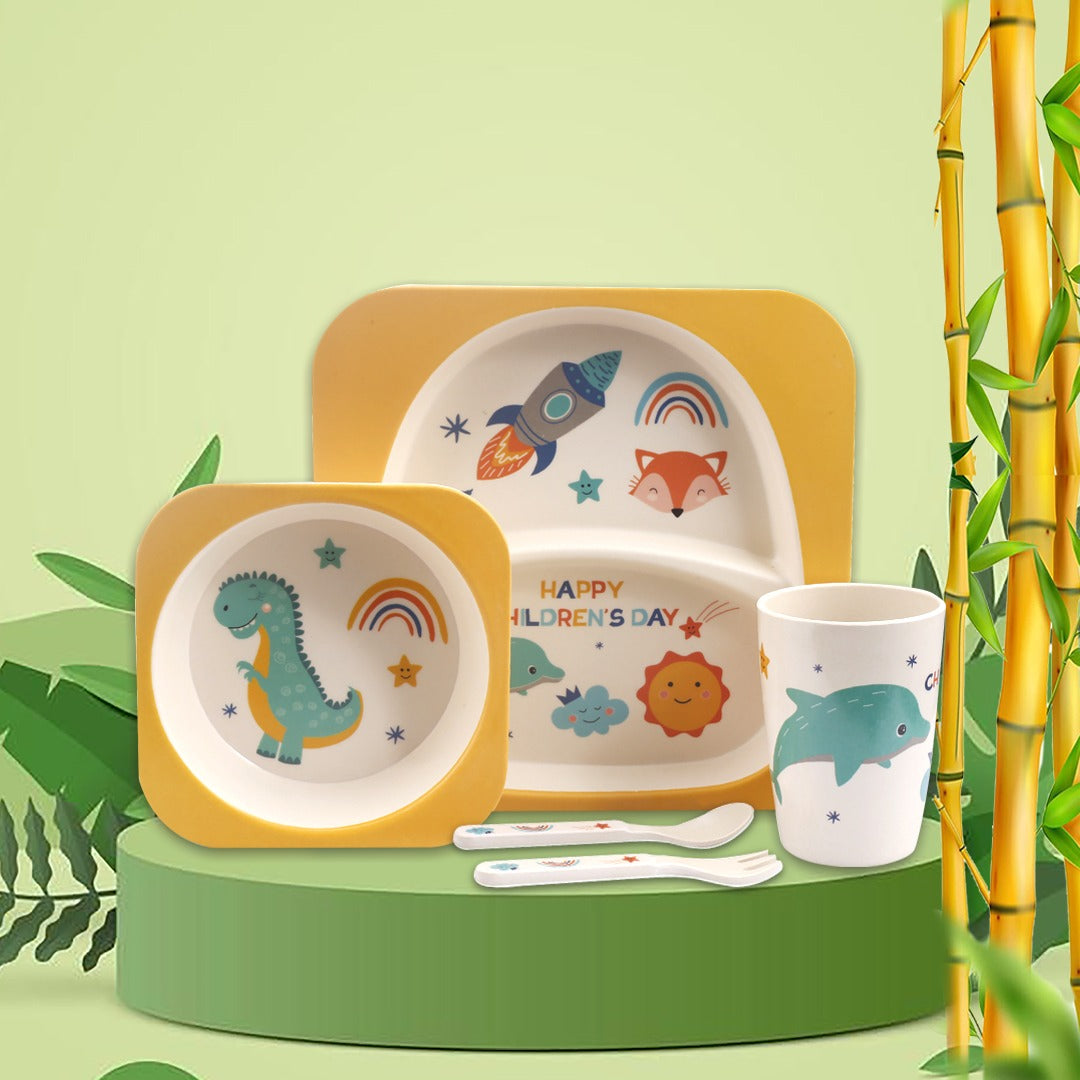 Kids Bamboo Feeding Dinner Utensils  Set - Divided Plate Cup Spoon and Fork