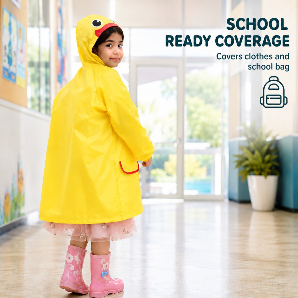 Poncho Raincoat for Kids Boys & Girls, Waterproof Polyester with Hood, Pockets & School Bag Cover, Lightweight Kids Rainwear for School, Outdoors Bright Colours, 3-7 Years
