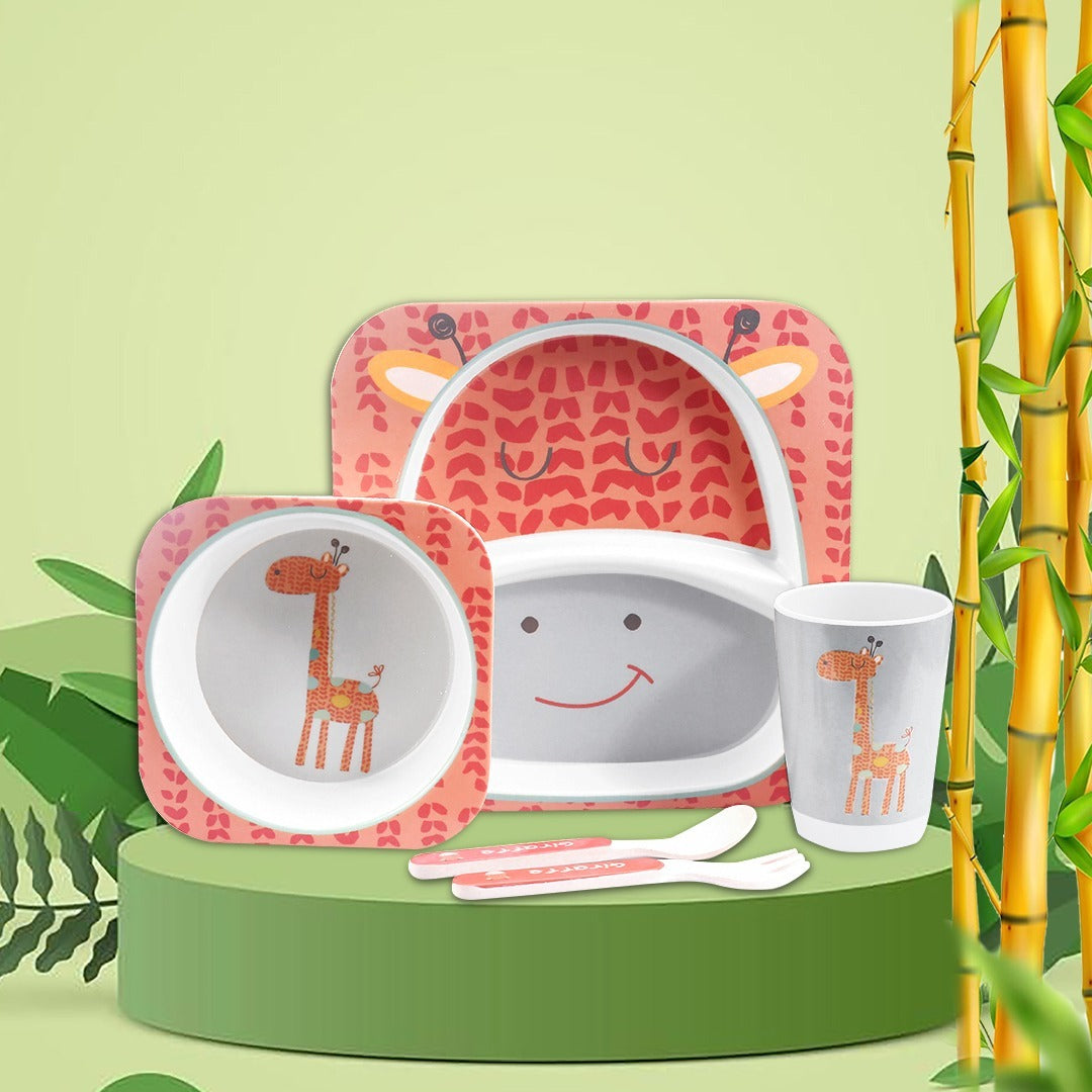 Kids Bamboo Feeding Dinner Utensils  Set - Divided Plate Cup Spoon and Fork