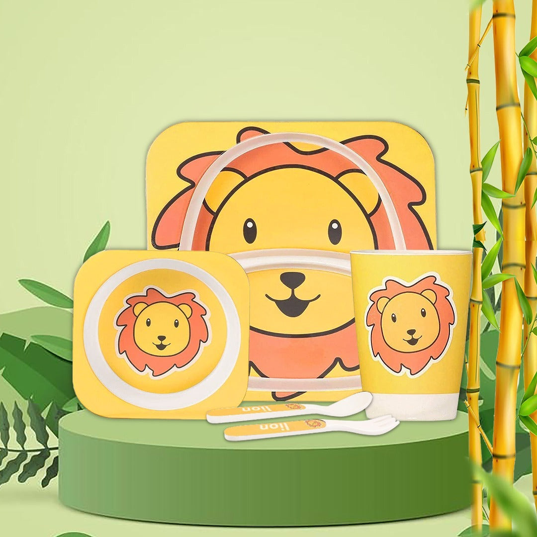 Kids Bamboo Feeding Dinner Utensils  Set - Divided Plate Cup Spoon and Fork