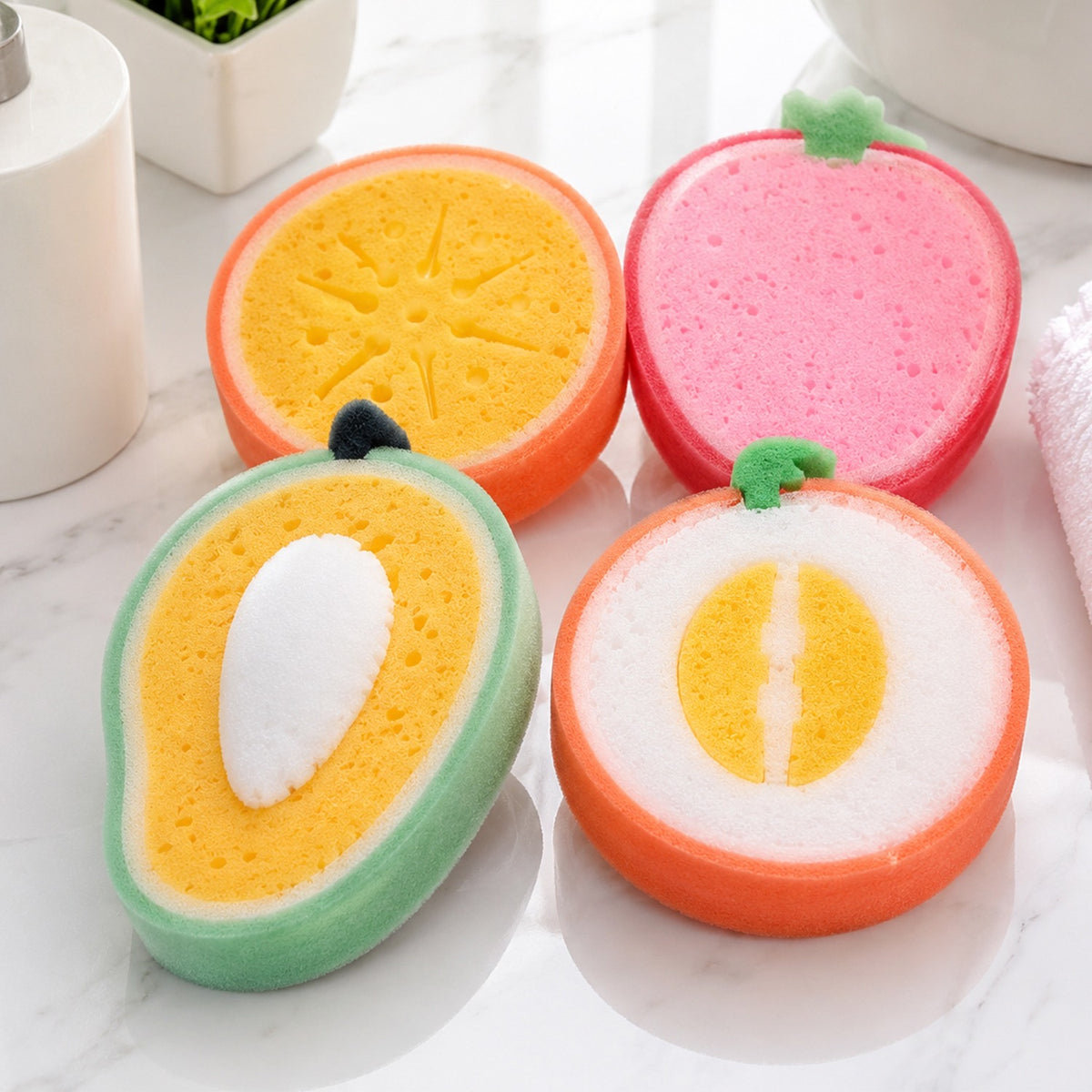 Bath Sponge Loofah – Cute Fruit Shape Soft Bath Scrubber for Babies, Toddlers & Kids, Gentle Body Cleaning Sponge for Shower & Bath Time, Reusable Kids Bathing Sponge (Pack of 4)