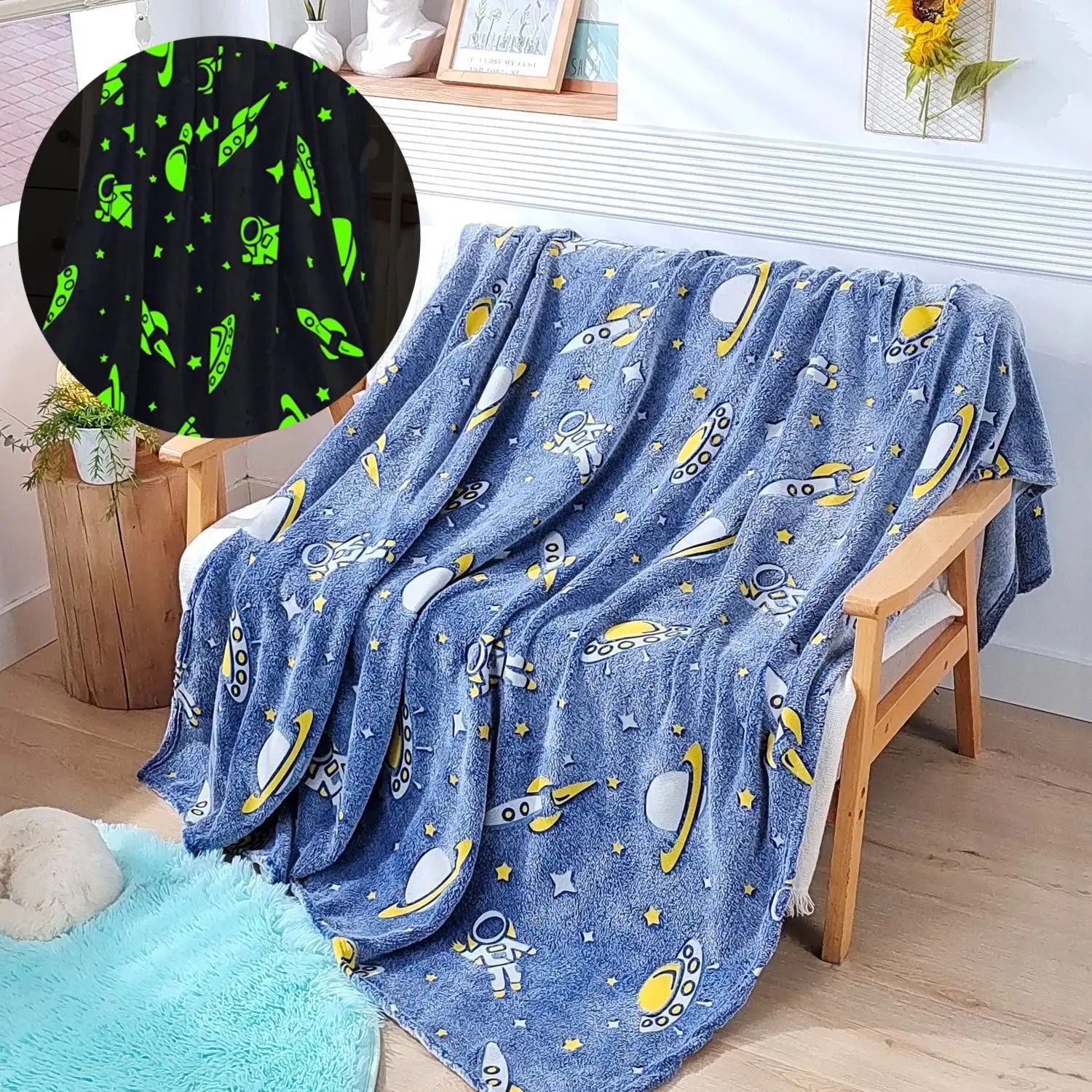 Kids Glow in the dark Fleece Blanket - Purple Flying Unicorn