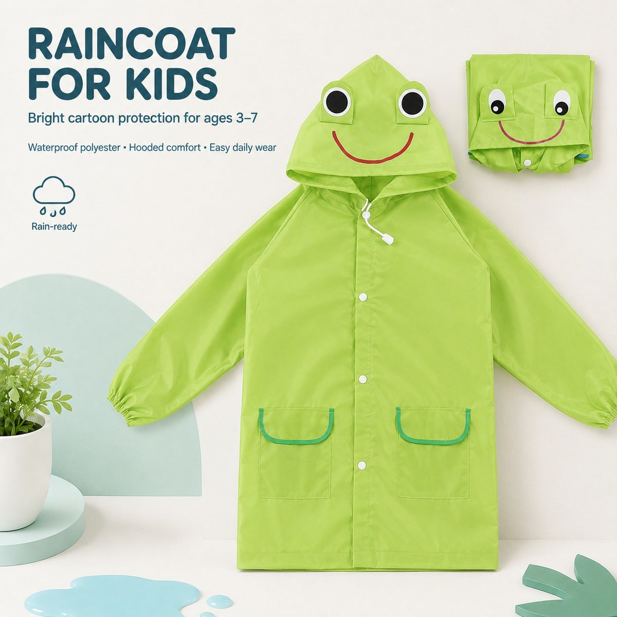 Poncho Raincoat for Kids Boys & Girls, Waterproof Polyester with Hood, Pockets & School Bag Cover, Lightweight Kids Rainwear for School, Outdoors Bright Colours, 3-7 Years