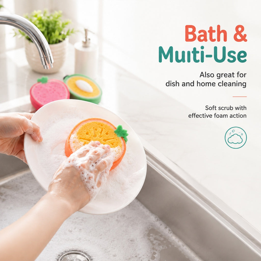Bath Sponge Loofah – Cute Fruit Shape Soft Bath Scrubber for Babies, Toddlers & Kids, Gentle Body Cleaning Sponge for Shower & Bath Time, Reusable Kids Bathing Sponge (Pack of 4)