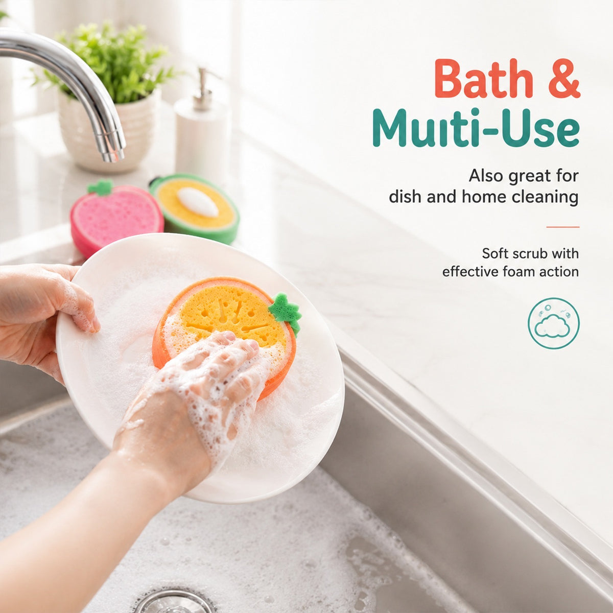 Bath Sponge Loofah – Cute Fruit Shape Soft Bath Scrubber for Babies, Toddlers & Kids, Gentle Body Cleaning Sponge for Shower & Bath Time, Reusable Kids Bathing Sponge (Pack of 4)