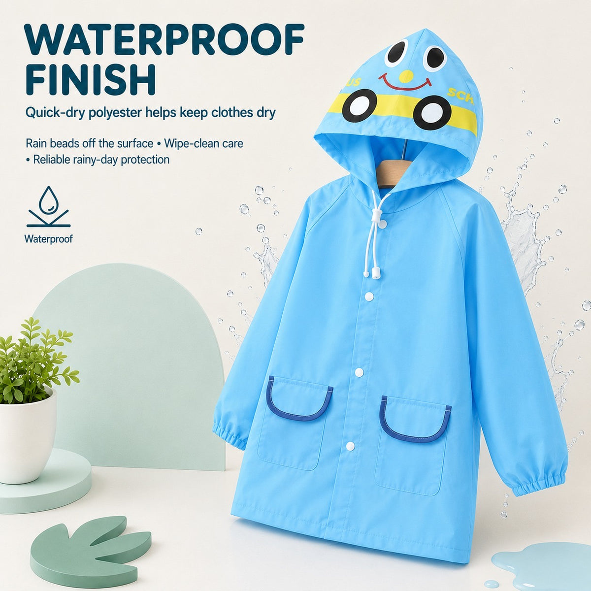 Poncho Raincoat for Kids Boys & Girls, Waterproof Polyester with Hood, Pockets & School Bag Cover, Lightweight Kids Rainwear for School, Outdoors Bright Colours, 3-7 Years