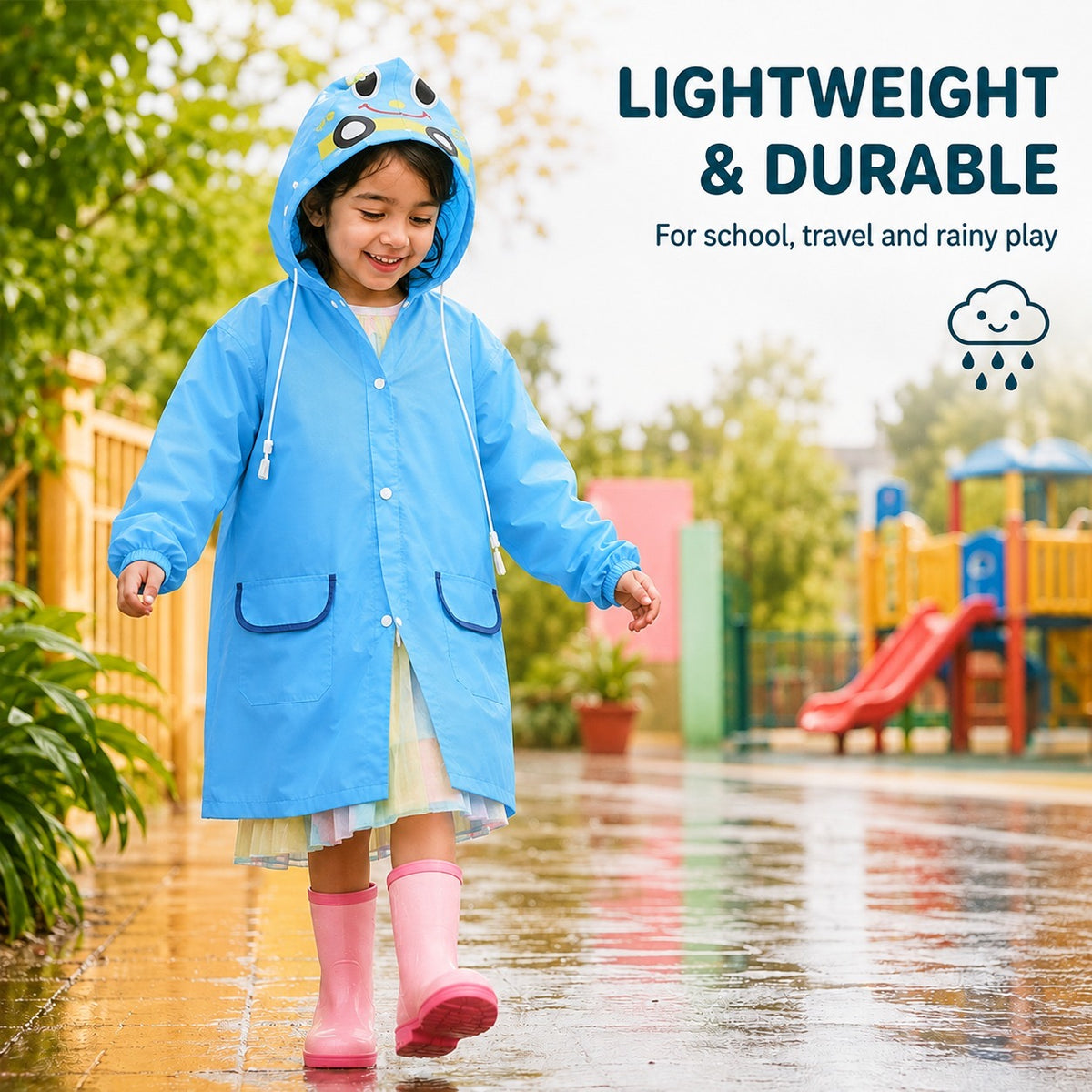 Poncho Raincoat for Kids Boys & Girls, Waterproof Polyester with Hood, Pockets & School Bag Cover, Lightweight Kids Rainwear for School, Outdoors Bright Colours, 3-7 Years