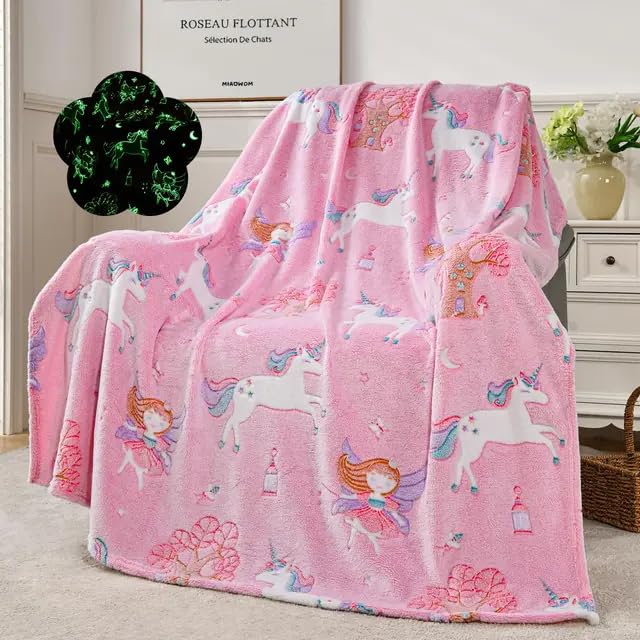 Kids Glow in the dark Fleece Blanket - Purple Flying Unicorn