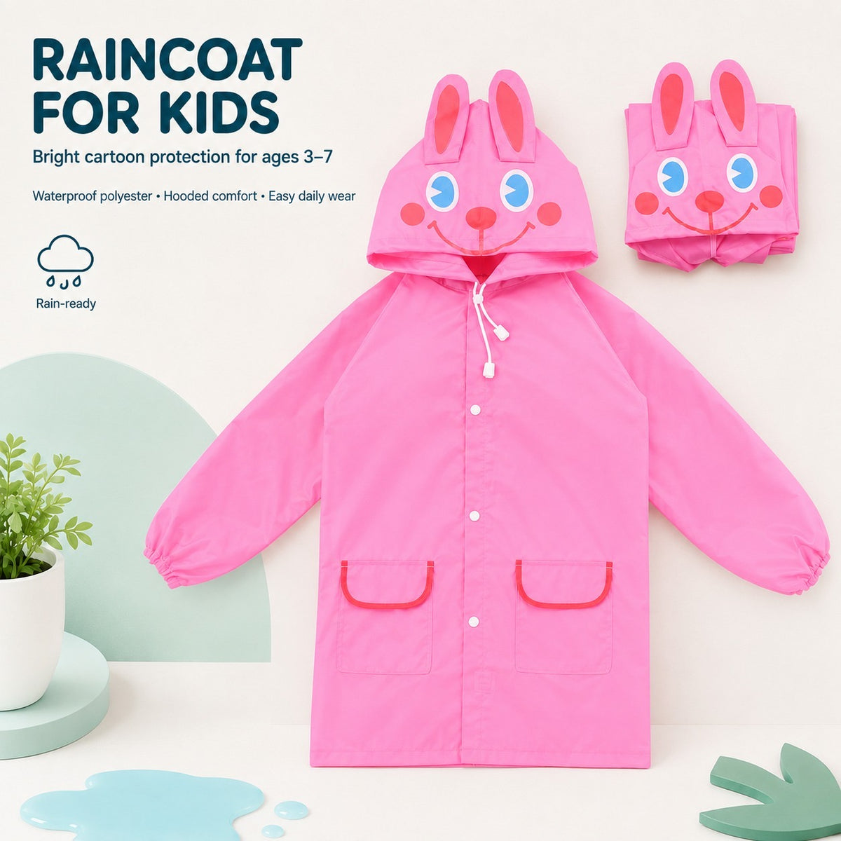 Poncho Raincoat for Kids Boys & Girls, Waterproof Polyester with Hood, Pockets & School Bag Cover, Lightweight Kids Rainwear for School, Outdoors Bright Colours, 3-7 Years