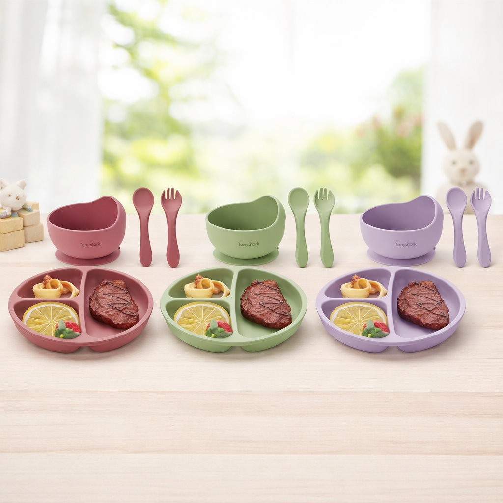 Silicone Baby Feeding Set - Bowl Plate Spoon and Fork