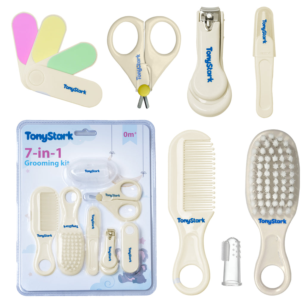Tony Stark 7-in-1 Baby Grooming Kit – Portable Newborn Care Set with Finger Brush, Hair Brush, Comb, Nail Scissors, Nail Clipper, Tweezers & Nail File – for Newborns, Infants & Toddlers (White, 0M+)